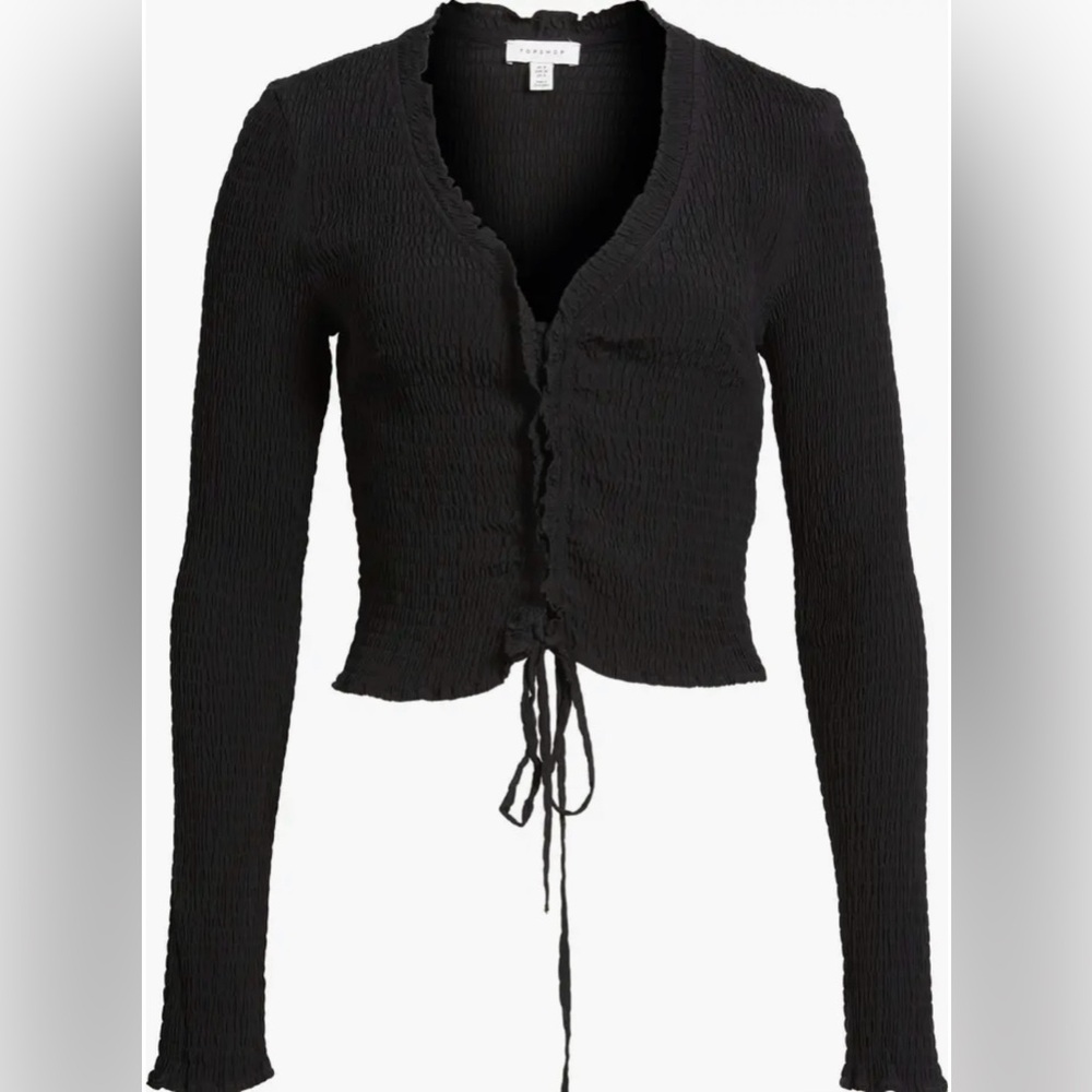 NWT Top Shop Black Long Sleeve Textured Tie-Front Top